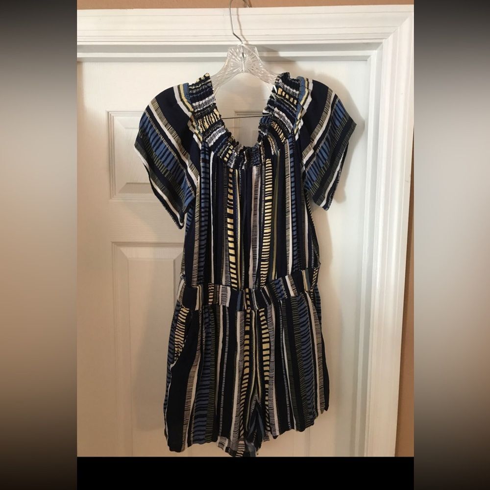 LOFT Navy and Yellow Striped Romper Medium